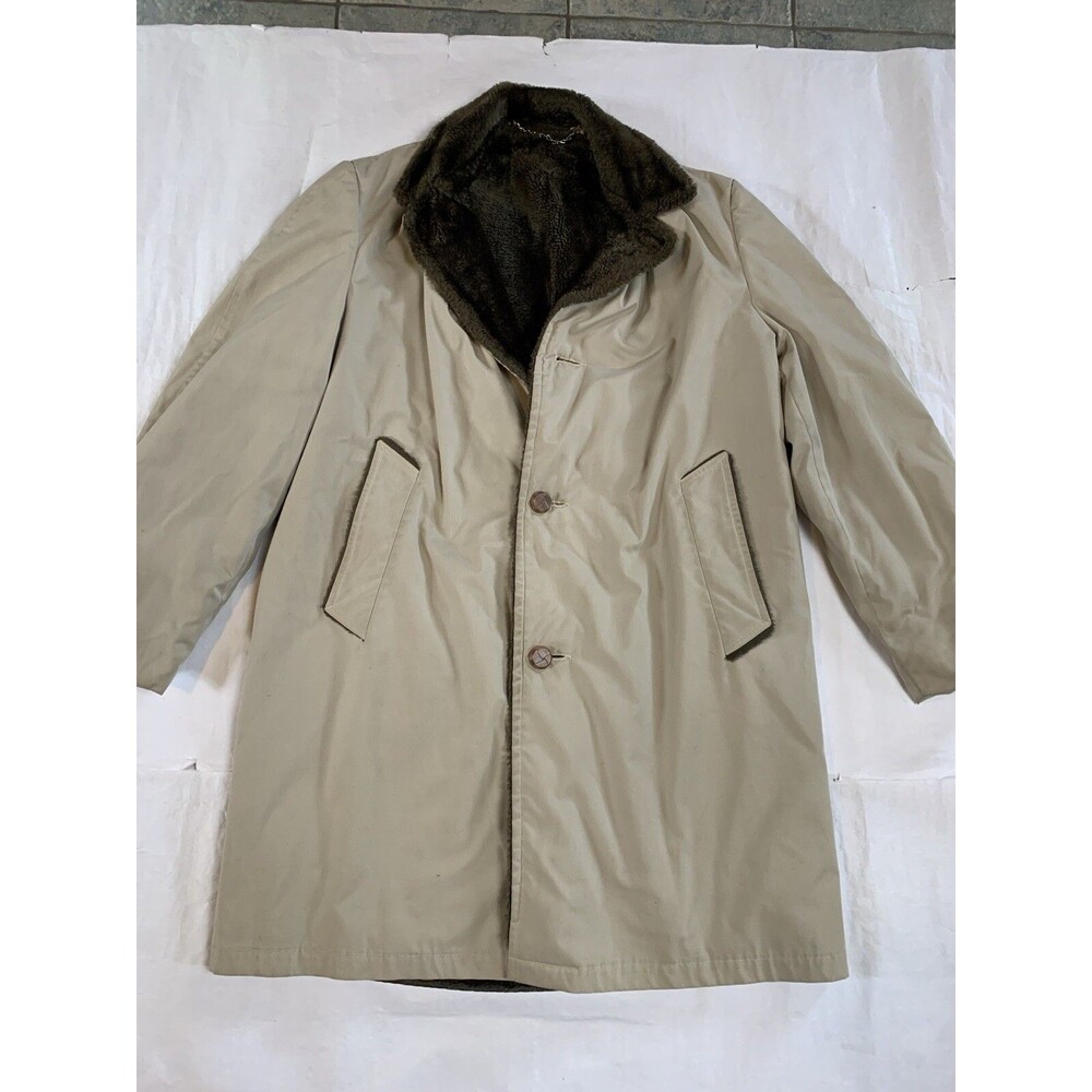 🌻2 for $20🌻VTG Maine Guide Mens Lined Faux Fur Overcoat Field Congress Tan READ
